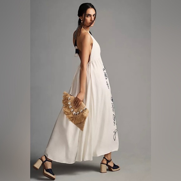 Anthropologie x Farm Rio Embroidered Halter Maxi Dress Linen
Backless White Navy - Picture 3 of 8
